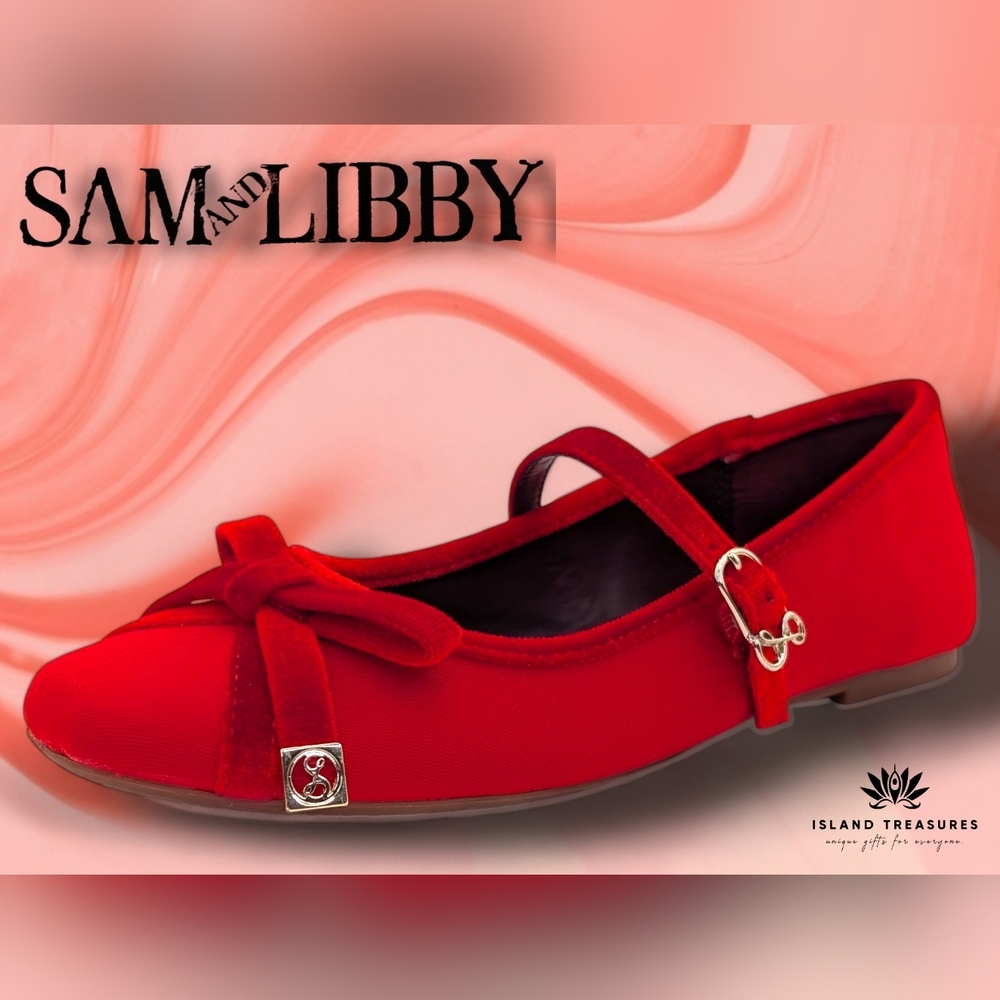 Sam & Libby "Flora" Size 7.5 Red Velvet Mary Jane Flats with Bow & Gold Accents
